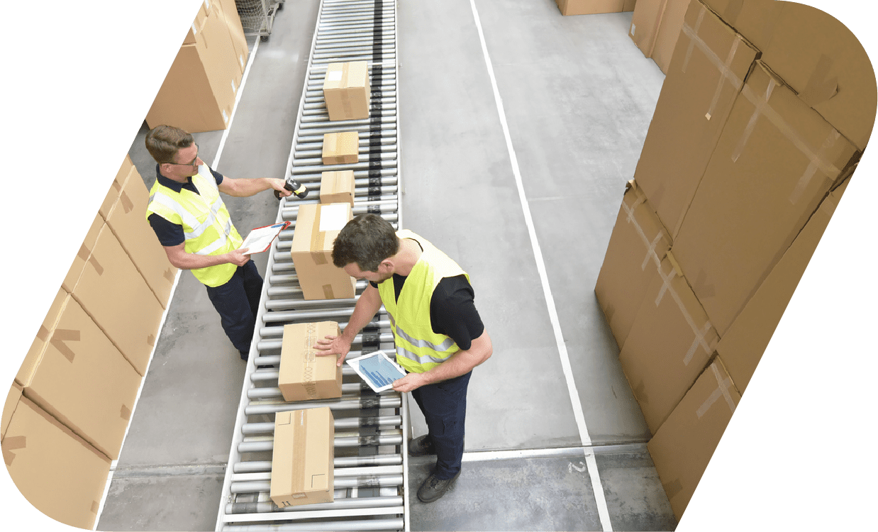 Two employees checking parcels wearing safety wear.